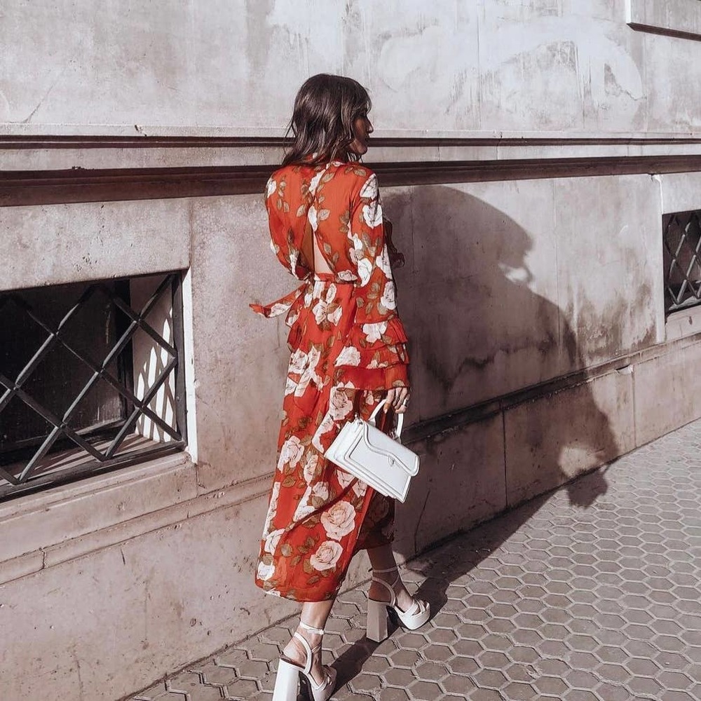 ZARA FLOWY RUFFLE TRIM LONG DRESS WITH TIE ROSE PRINT RED - Picture 13 of 16